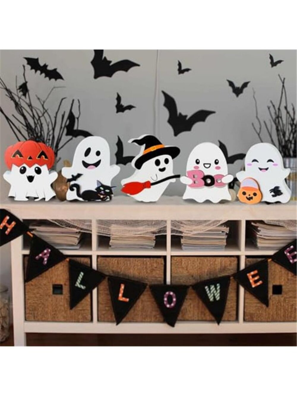 Cute Ghost Halloween Decorations Indoor: Wooden Ghost Decor Table Signs Set of 5 - Picture 4 of 6